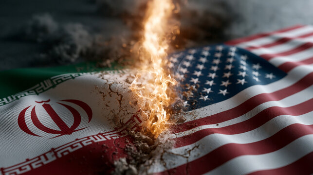 Divided Nations in Conflict: The flags of Iran and the United States are depicted torn apart and burning, symbolizing deep political tension and international conflict.