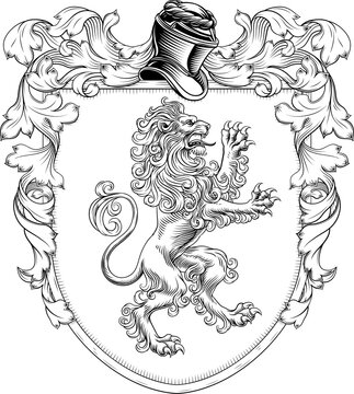 A lion coat of arms or crest family heraldry medieval heraldic knight shield with helmet and acanthus filigree scroll ornament in a vintage woodcut style.
