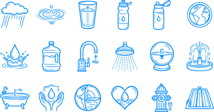 Set of water icons, hand drawn doodle style, vector illustration