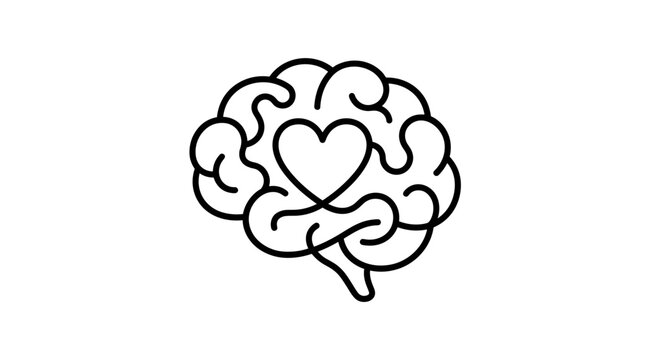 Heart in brain outline icon representing emotional intelligence, love, logical thinking and mental health concepts