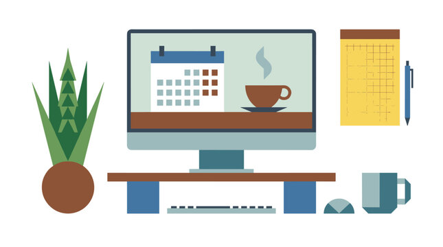 Pixel art desktop setup with computer monitor displaying calendar, coffee cup, notepad, and plant for productivity