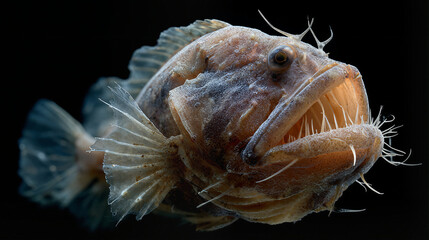 Fototapeta premium Close-up of a deep-sea anglerfish with sharp teeth and lure against a black background