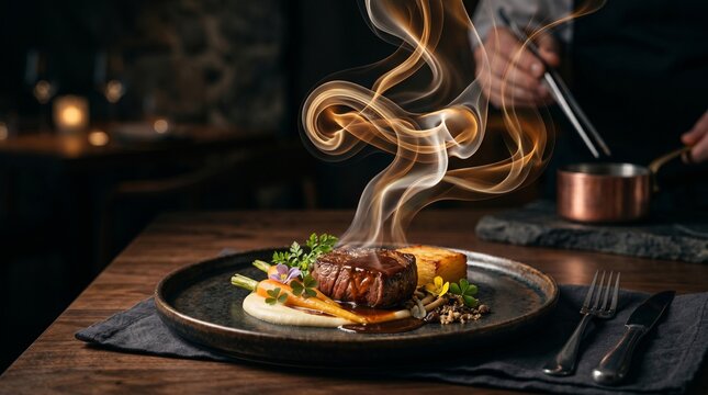 Gourmet grilled beef steak with rich gravy, roasted baby carrots, mashed potatoes, and artistic smoke swirl effect. Luxury fine dining restaurant plating concept on a dark table.