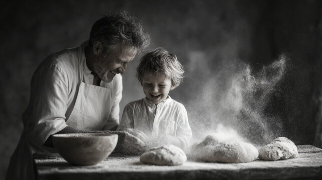 Father and son happily baking bread together with flour in the air