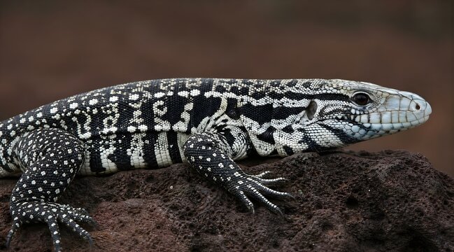 Argentine black and white tegu lizard resting on a dark rock.