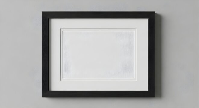 Blank black picture frame mockup on a grey wall.