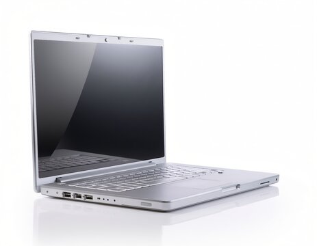 Silver Laptop Opened on White Background