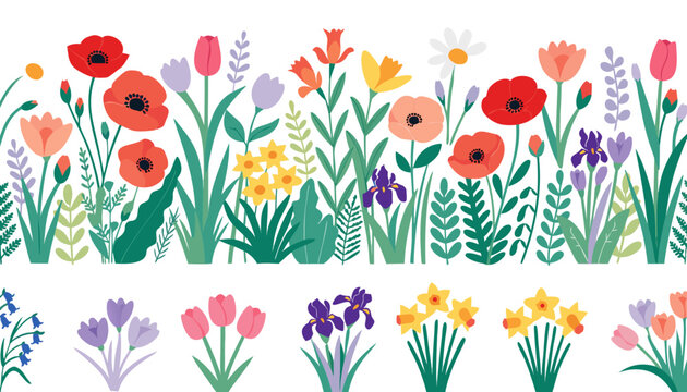 

Cute vector illustration of a seamless spring pattern with beautiful flowers, ladybugs, and butterflies in a sunny summer meadow grass nature background design