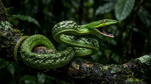 Green vine snake coiled on mossy branch with open mouth in rainforest.