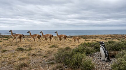 Fototapeta premium Magellanic penguin standing in Patagonia with guanacos walking in the background.