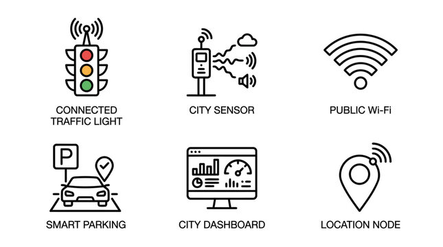Smart city icons showing connected traffic light city sensor and public wifi symbols along with smart parking city dashboard and location node graphics for urban infrastructure development projects.