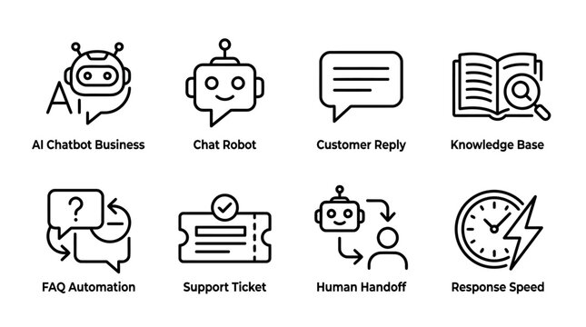 Ai chatbot business customer support icons set including chat robot knowledge base and faq automation features with response speed tracking plus human handoff capability for help desk operations.