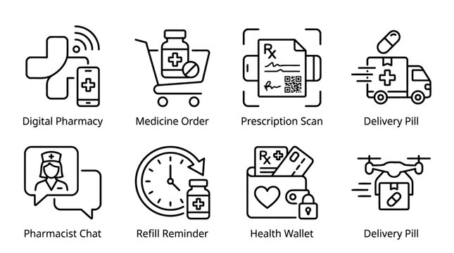 Digital pharmacy services icons with medicine order prescription scan delivery pill pharmacist chat refill reminder and health wallet for telemedicine medical mobile apps and healthcare technology.