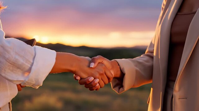 business partnership agreement at sunset. Two women shake hands in nature. Collaboration signifies success and trust. Beautiful sunset creates warm atmosphere.