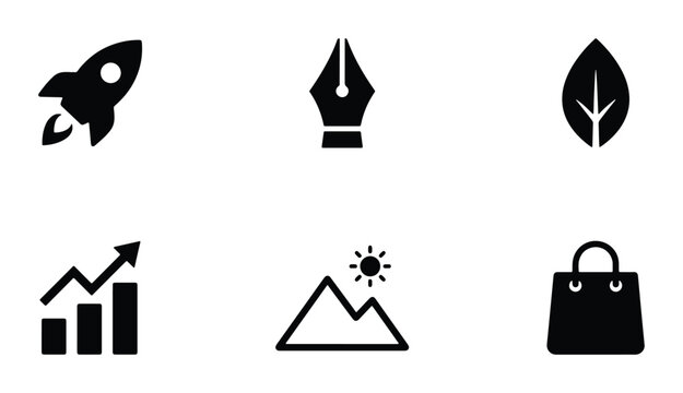 Startup Rocket, Pen Nib, Leaf, Growth Chart, Mountain Landscape, Shopping Bag Icons: Modern Vector Set