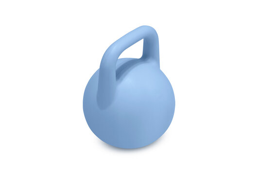 Blue kettlebell on white backdrop with soft shadow, matte finish and ergonomic handle, isolated product for pilates, rehab and home training, clean minimal aesthetic perfect for ecommerce and social