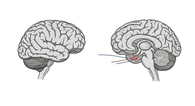 Detailed anatomical illustration of human brain in profile view.