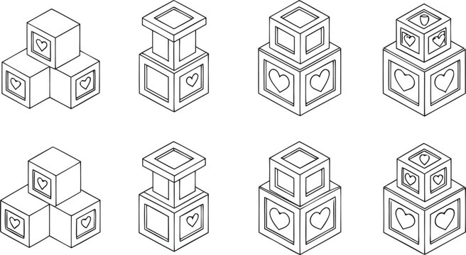 Vector cube icons, 3D block graphics, stacked shapes, heart symbols, line art illustrations, business infographics