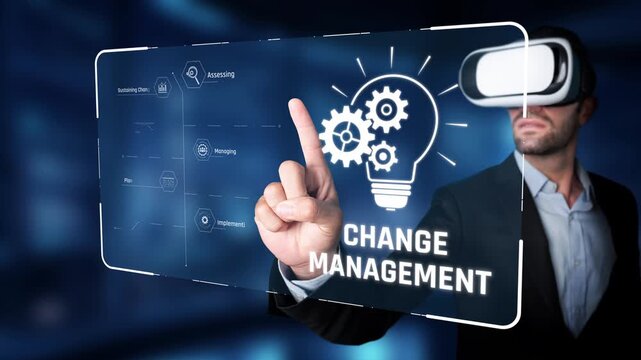 A business professional engages with virtual reality technology to visualize and implement change management strategies in a digital workspace, highlighting innovation. Raster