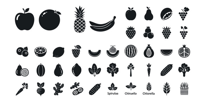 Collection of healthy fruit and vegetable icons set, minimalist black silhouette symbols including apple, banana, pineapple, carrot, and superfoods for organic food and wellness design.