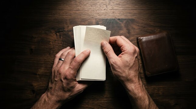 Person's hands counting a stack of blank white cards on a wooden table
