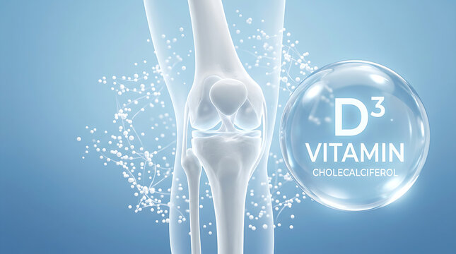 Transparent d3 vitamin cholecalciferol bubble near white knee joint xray sphere