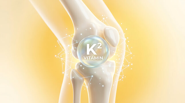 Transparent sphere with k2 vitamin text over white knee joint bones skeletal