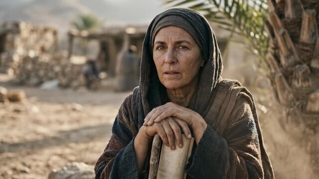 Pensive tribal judge: Deborah woman, Israel leader, prophetess heroine, Judges book, desert village, ancient history, wisdom reflect.