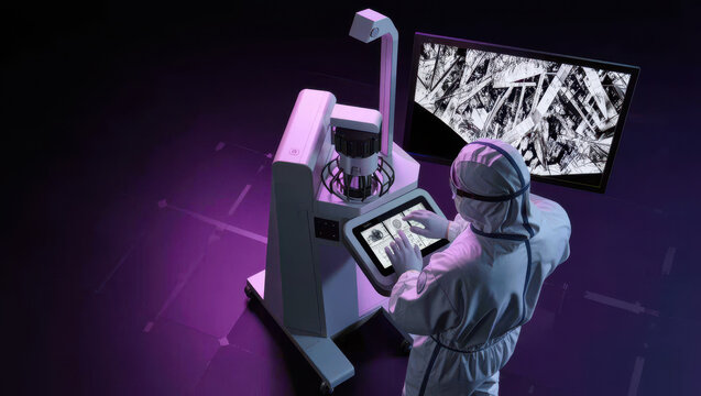 Laboratory technician using microscope analyzer in clean room with digital screen