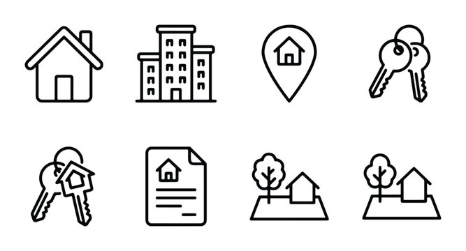 Real Estate Icons Set: House, Building, Location Pin, Keys, Document, Land Plots