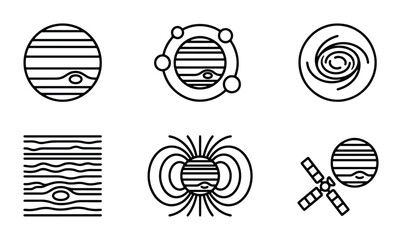 Space Icons: Planets, Galaxy, Satellite, Magnetic Field, Jupiter, Vector Set © Shahnaz