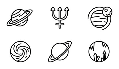 Cosmic Icons: Planets, Galaxy Swirl, Trident Symbol, Space Elements Vector Set © Taslima