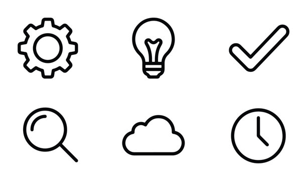 Minimalist Vector Icons: Gear, Lightbulb, Checkmark, Search, Cloud, Clock for Business and Technology