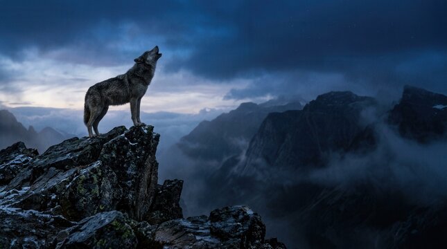 Majestic Wolf Howling at the Moonlit Sky from a Rocky Mountain Peak.