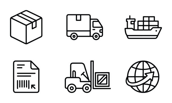 Logistics Icons Set: Shipping Truck, Cargo Ship, Box, Forklift, Document, Globe | Delivery Icons