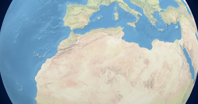 Algeria on Globe. Zoom into the country with Earth spinning on dark background. Physical world map with Algeria and label on it. Country view animation.