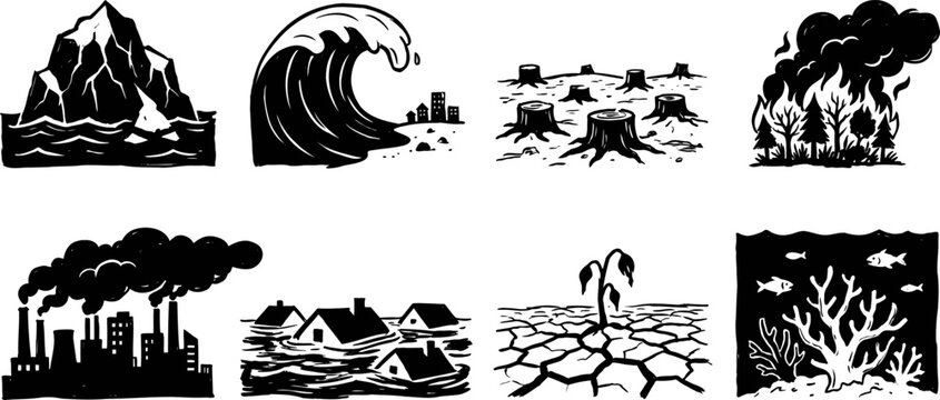 Set of environmental disaster icons, including melting glaciers, tsunami, deforestation, forest fire, air pollution, flood, drought, and coral bleaching