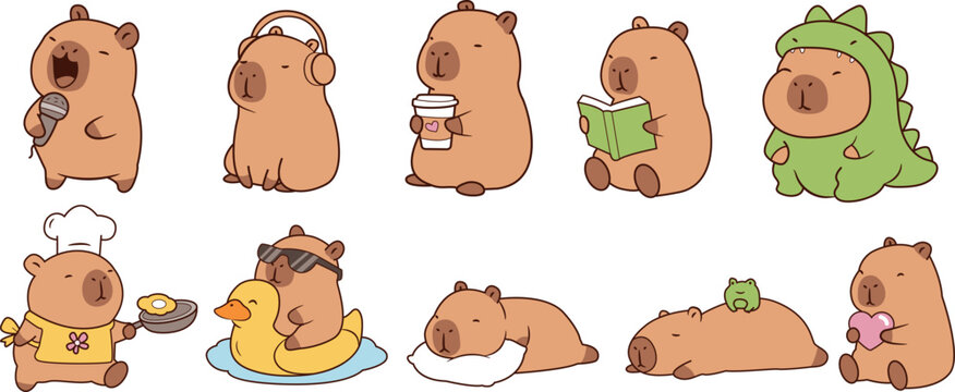 Cute Capybara Cartoon Characters Collection Funny Animal Vector Illustration Set