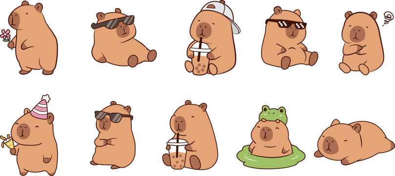 Cute Capybara Cartoon Characters Collection Funny Animal Vector Illustration Set