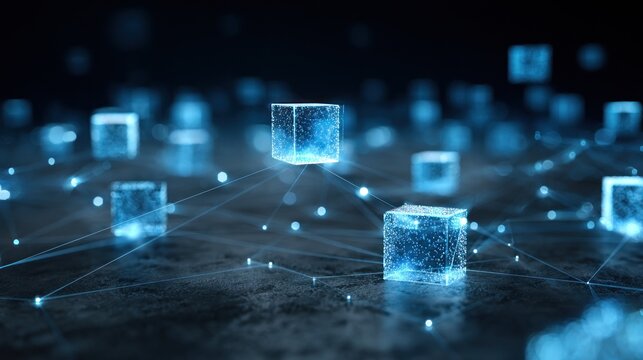 Glowing translucent cubes connected by network on dark textured surface