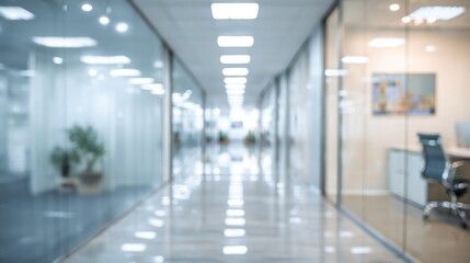 Fototapeta premium Blurred modern office hallway with glass walls and bright lighting