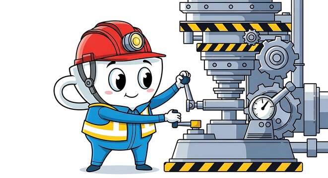 Cartoon character working on laptop computer.
