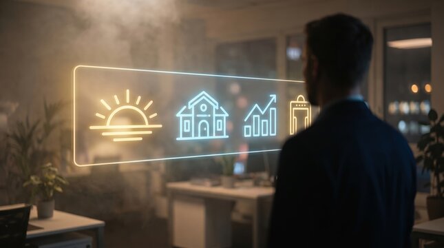 Financial Planning and Wealth Management Concept: Futuristic Holographic Map Interface Displaying Growth and Security Icons in Modern Blurred Office