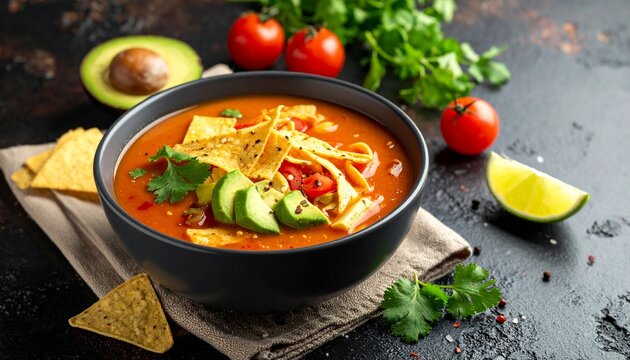 A delicious bowl of spicy tortilla soup garnished with fresh avocado slices cilantro and crispy corn chips served on a dark rustic background.