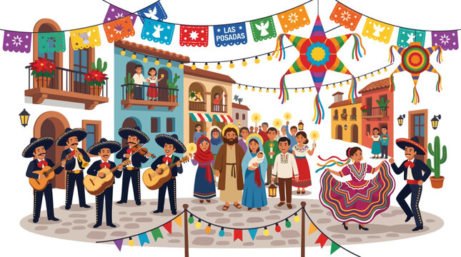 Vibrant las posadas festival street celebration with mariachi music