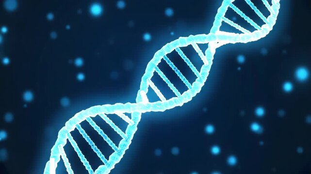 neon glowing dna molecule rotating on blue background
