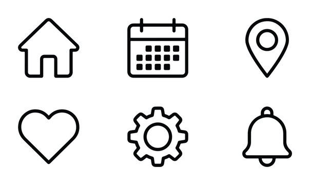 Minimalist Line Icons: Home, Calendar, Location, Heart, Settings, Bell, Vector Set for UI Design