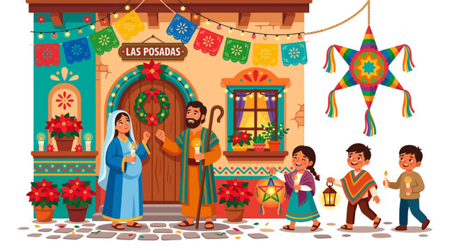Traditional las posadas celebration with people outside a house