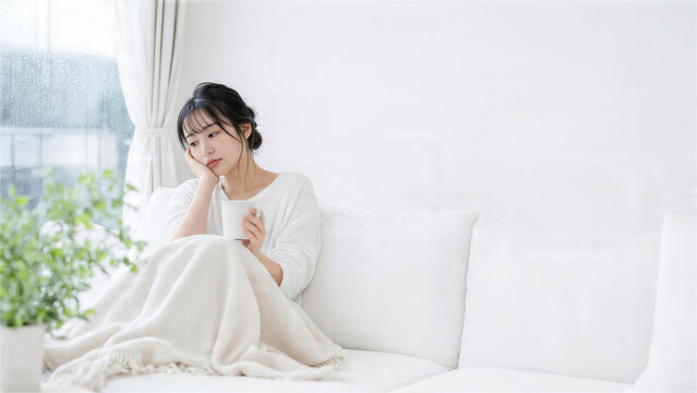雨の日にソファで温かい飲み物を持つ女性のくつろぎ時間