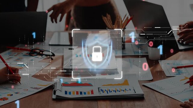 A modern business meeting focusing on digital security, showcasing a padlock icon overlay on a table with charts and laptops, emphasizing data protection strategies. Raster